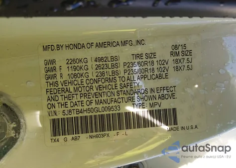 2016 Acura Rdx Technology Acurawatch Plus Packages/Technology Package z USA, uszkodzony, nr VIN 5J8TB4H50GL009533